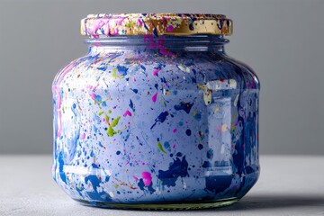 Aufkleber - Colorful paint jar with splatters for art projects in a well-lit studio setting during daylight hours