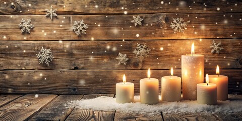 Poster - Warm Candlelight Glowing on a Rustic Wooden Surface Adorned with Delicate Snowflakes During a Winter Season