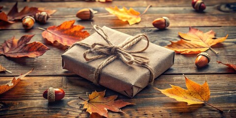 Poster - Rustic Autumn Gift Wrapped in Brown Paper with Fall Leaves and Acorns on Wooden Surface