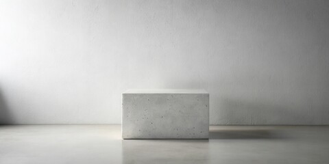 Poster - A simple, minimalist concrete cube rests on a polished floor against a textured wall, providing a clean and modern backdrop for product displays or design presentations.