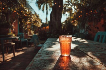 Poster - Cocktail glass resting on a wooden table in a vibrant outdoor garden during golden hour near a tropical palm tree