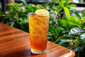 Poster - Refreshing iced tea with lemon slice served on wooden table surrounded by vibrant greenery