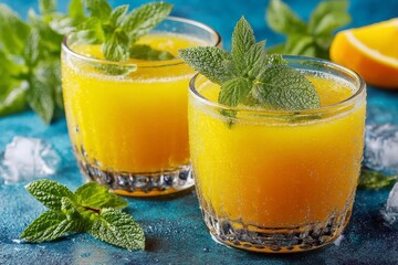 Poster - Refreshing citrus drinks with mint leaves served on a vibrant blue background