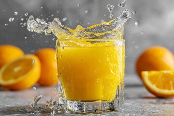 Poster - Fresh orange juice splashing in glass with oranges on a kitchen counter