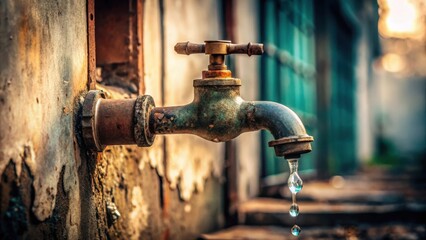 Poster - A Rusty Faucet Leaks a Single Drop of Water Against a Weathered Wall