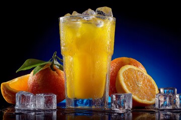 Poster - Refreshing orange juice served with ice and fresh oranges on a dark background