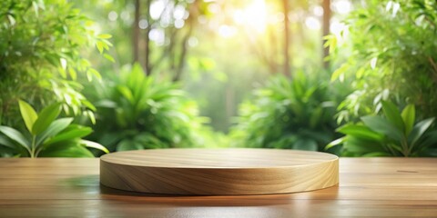 Poster - Serene Wooden Display Platform Against a Lush Greenery Backdrop, Ideal for Product Showcases or Nature-Themed Designs