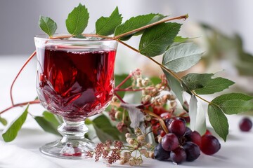 Aufkleber - Refreshing red drink served in a crystal glass with vibrant foliage and fresh fruits on a table setting