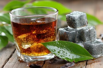 Poster - Refreshing beverage served in a glass with ice cubes and green leaves on a wooden surface during daytime