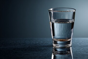 Poster - Clear glass of water on a reflective surface against a dark background highlighting simplicity and purity in liquid form
