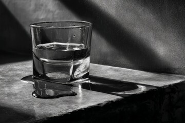 Poster - Glass of water on a stone surface with shadows in a dimly lit room during late afternoon