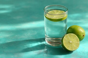 Poster - Refreshing drink with lime slices on a blue surface showcasing summertime vibes and natural colors