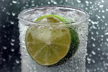 Poster - Refreshing lime slice submerged in sparkling water with bubbles at a close range in a glass container