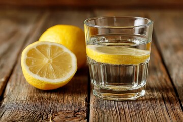Aufkleber - Refreshing glass of water with lemon slices on rustic wooden table