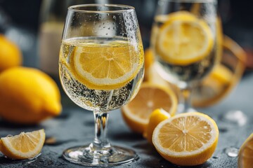 Aufkleber - Refreshing lemon beverage served in clear glass with slices of lemon on a dark textured background during summer