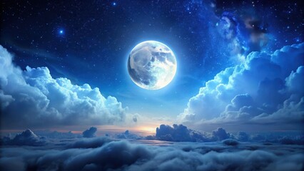 Wall Mural - Serene Night Sky with Luminous Clouds and Bright Full Moon Above Dark Blue Horizon