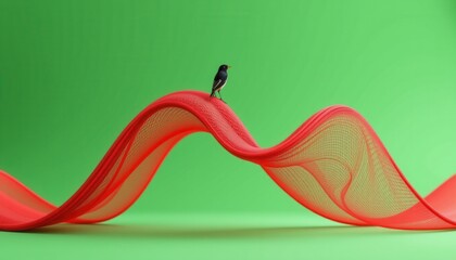 Poster - A small bird perches on a wavy red mesh against a vibrant green background.