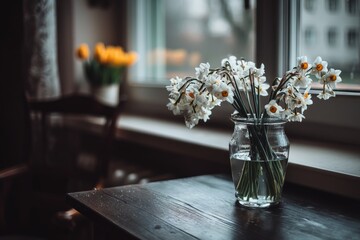 Poster - Beautiful spring flowers in a jar placed on a wooden table beside a sunny window with additional blooms in the background