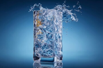 Aufkleber - Water splashes dramatically from a glass on a blue background, showcasing fluid motion and refreshment