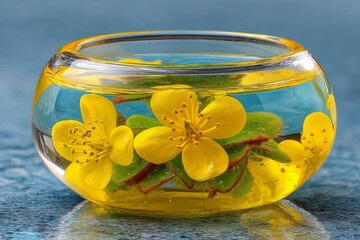 Poster - Colorful yellow flowers and green leaves in clear decorative bowl filled with water