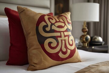 Poster - Decorative pillow with intricate design on bed in luxurious hotel room setting