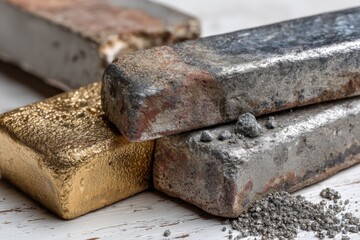Poster - various metal ingots stacked on a wooden surface showcasing different textures and finishes
