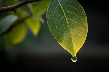 Poster - Raindrop clings to vibrant green leaf in serene natural setting during early morning hours