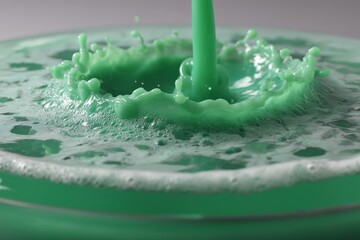 Aufkleber - Bright green liquid creating a splash and bubbles in a circular container during a scientific experiment