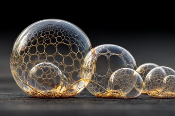 Aufkleber - Intricate transparent bubbles with hexagonal patterns reflecting light on a dark surface
