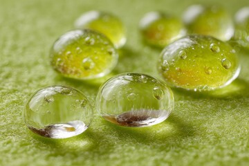 Aufkleber - Water droplets resting on green surface, showcasing intricate reflections and details during a sunny day outdoors
