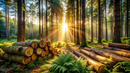 Aufkleber - Golden Sunrise Illuminates a Forest Path, Stacks of Logs Basking in the Rays of the Rising Sun, Lush Green Undergrowth