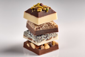 Aufkleber - Deliciously layered chocolate squares with nuts and intricate designs presented on a clean surface