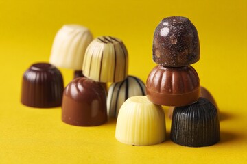 Poster - Assortment of artisanal chocolate truffles displayed on a bright yellow background
