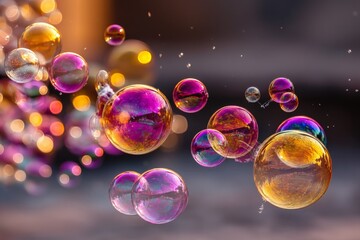 Poster - Colorful soap bubbles floating in sunlight during a festive outdoor gathering
