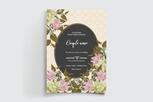 WEDDING INVITATION FRAME WITH FLOWER DECORATIONS AND FRESH LEAVES