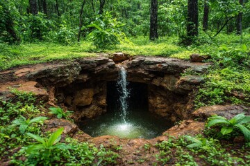 Poster - Natural spring waterfall in lush forest during daytime creates serene atmosphere for wildlife and visitors