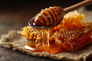 Aufkleber - Honey drips from a wooden spoon onto honeycomb pieces on burlap in a warm, rustic setting