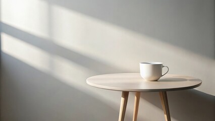 Poster - Serene morning light illuminates a minimalist side table with a single white mug, creating a peaceful and calming atmosphere.