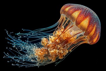 Poster - Colorful jellyfish floating gracefully in dark water creates a captivating underwater display