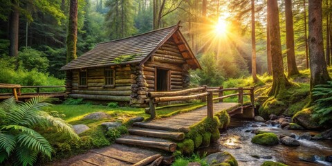 Poster - Rustic Wooden Cabin Nestled in a Lush Green Forest with a Sunlit Stream and Wooden Bridge Pathway
