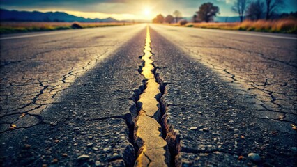 Fototapete - Sunset Highway A Crack in the Asphalt Reveals Golden Light at Day's End