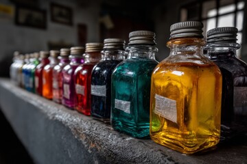 Aufkleber - Colorful glass bottles filled with vibrant inks displayed on a shelf in an art studio for creative projects