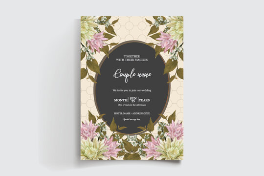 WEDDING INVITATION FRAME WITH FLOWER DECORATIONS AND FRESH LEAVES