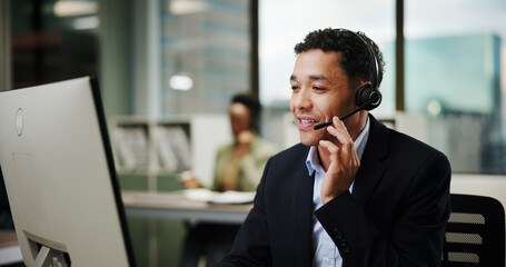 Aufkleber - Call center, man and listen on computer for customer service, insurance or sales advice. Happy agent, contact us or telemarketing with headset for talk, lead generation or inbound marketing in office