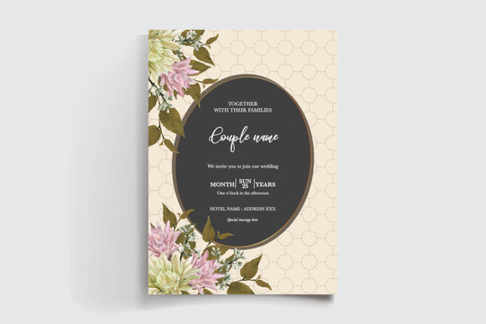 WEDDING INVITATION FRAME WITH FLOWER DECORATIONS AND FRESH LEAVES