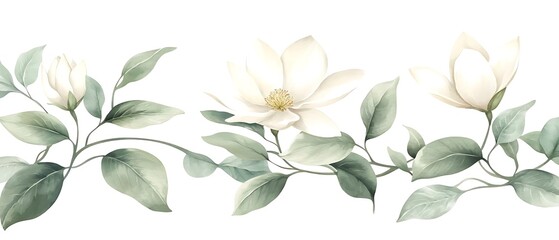 Wall Mural - White floral border, green leaves, design