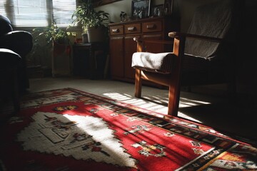 Aufkleber - Soft sunlight illuminates a cozy living room with a patterned rug and wooden furniture in a warm atmosphere