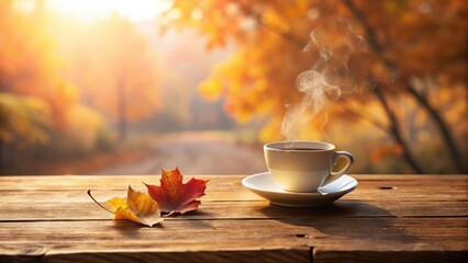 Poster - Aromatic autumnal beverage steaming warmly on rustic wood, amidst vibrant foliage and golden sunlight.
