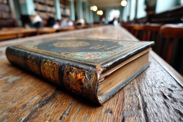 Poster - Antique book resting on a wooden table in a historic library filled with scholarly atmosphere