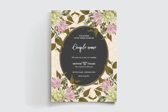 WEDDING INVITATION FRAME WITH FLOWER DECORATIONS AND FRESH LEAVES